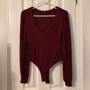 Lulu's Women's Burgundy Long-Sleeve V-Neck Bodysuit